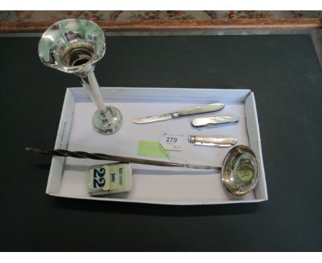 A white metal toddy ladle, having horn handle and inset coin, together with a silver framed perpetual desk calendar, a silver