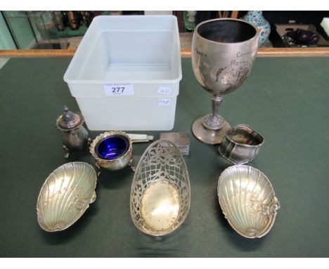 A silver pedestal goblet, together with a pair of silver pin dishes, napkin ring, cruets, snuff box and other items.