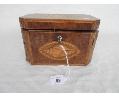 A walnut veneered and inlaid tea caddy, having twin internal compartments, 18.5cm wide.   Condition Report:  Veneer loss & da