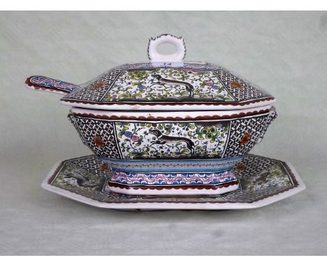 A twentieth century Portuguese ceramic tureen and stand, having panelled decoration featuring animals and foliate patterns, t