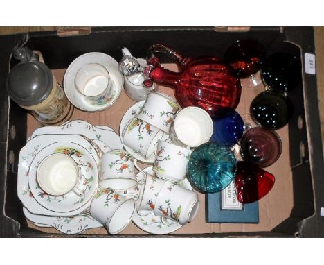 A mixed quantity of china and glass, to include: a Heathcote china part-tea service, a coloured glass decanter and glasses, a