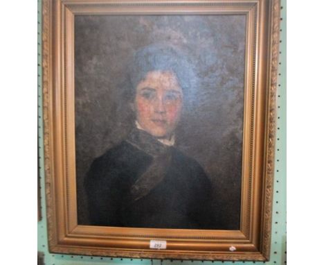 Nineteenth century English school, head and shoulders portrait of a young lady, oil on canvas, 49cm x 38cm, in a gilt frame.