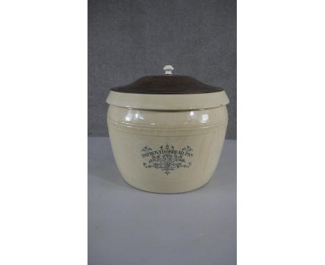 A large Victorian Stoneware bread pan, named Doulton Lambeth &amp; Co, with metal lid and ceramic finial. H.37 W.40cm 
