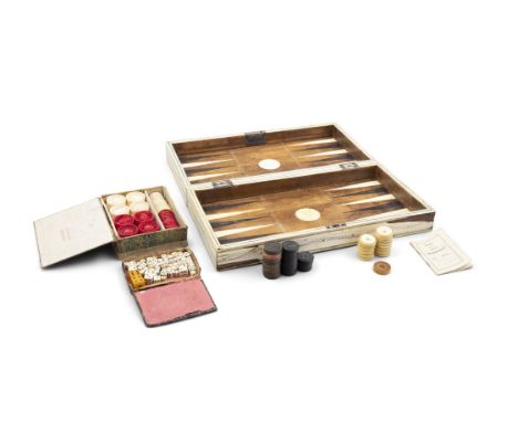 A 19TH CENTURY VIZAGAPATAM ENGRAVED BONE GAMES BOX the chessboard exterior enclosing a backgammon board, with various circula