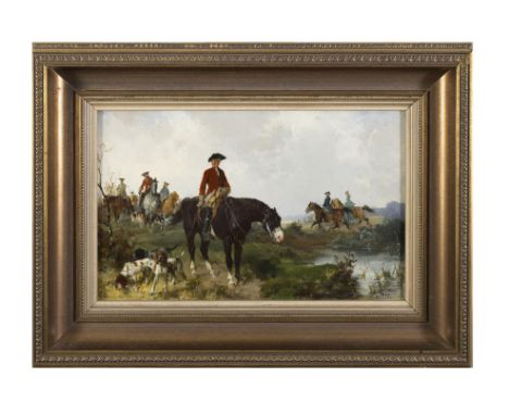 J. B&Uuml;TTNER Landscape with Hunters and HoundsOil on panel, 15 x 24cm Signed, inscribed and dated 1882