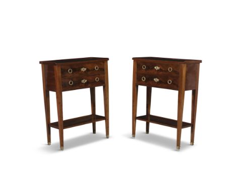 A PAIR OF FRENCH EMPIRE STYLE MAHOGANY SIDE TABLESof compact rectangular shape, the tray tops above two frieze drawers with r