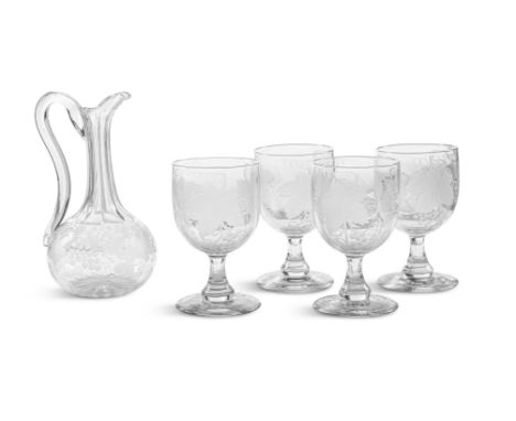 A SUITE OF FOUR 19TH CENTURY ETCHED GLASS GOBLETS and a later decanter similarProvenance: Drummin House, Carbury, Co. Kildare