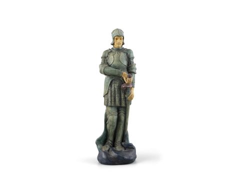 A COMPTON POTTERY FIGURE OF ST GEORGE,painted terracotta, modelled by Mary Seton Watts, with The Potters Arts Guild label to 