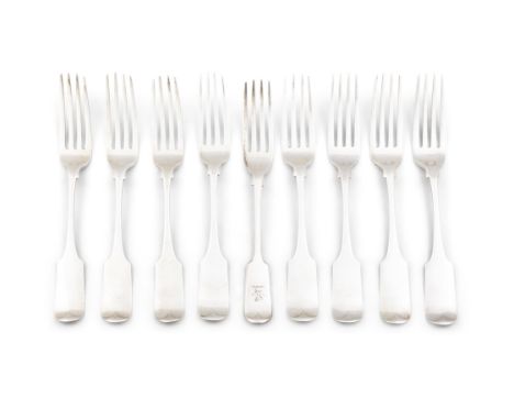 A SET OF EIGHT IRISH SILVER FIDDLE PATTERN FORKS, Dublin 1808, mark of John Pittar; together with one silver plated fork. 18.