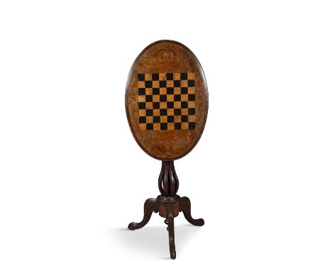 A 19TH CENTURY INLAID WALNUT AND MARQUETRY TILT TOP CHESS TABLE,the oval top, supported on baluster centre column and tripod 