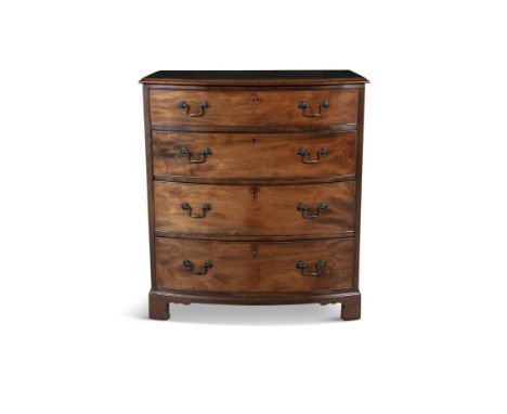 A 19TH CENTURY MAHOGANY CHEST OF DRAWERS, of compact rectangular form, the top above four long drawers, raised on bracket fee