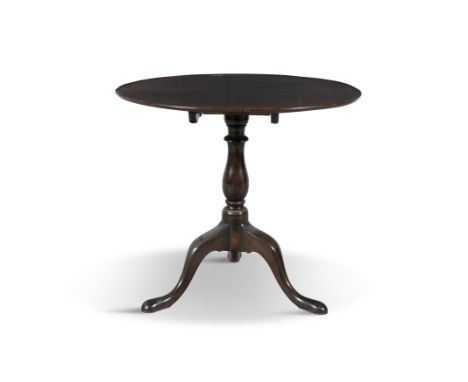A GEORGE III MAHOGANY CIRCULAR TILT-TOP TEA TABLE with beaded rim on turned centre pillar and tripod base. 79.5cm diameter, 7