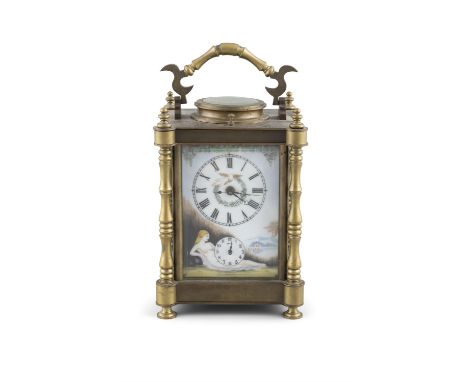 A LATE VICTORIAN BRASS CASED CARRIAGE CLOCK WITH REPEATING MOVEMENT the face and sides decorated with enamelled panels featur