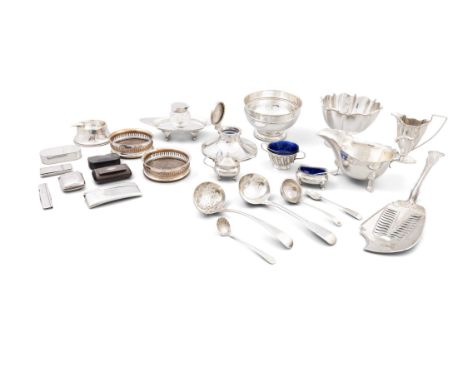 A MISCELLEANEOUS COLLECTION OF SILVER AND SILVER PLATE, COMPRISING;- 2 silver bowls - 2 inkwells  - a sauceboat  - fish serve
