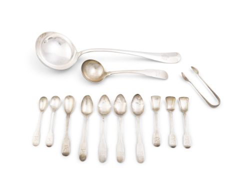 A MISCELLANEOUS COLLECTION OF SILVER TEASPOONS, of various dates and makers; together with a silver-plated soup ladle.