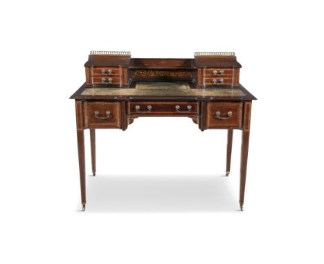 A MAHOGANY, MARQUETRY AND SATINWOOD BANDED WRITING DESK, C. 1880, of rectangular form, with raised 4-drawer super structure, 