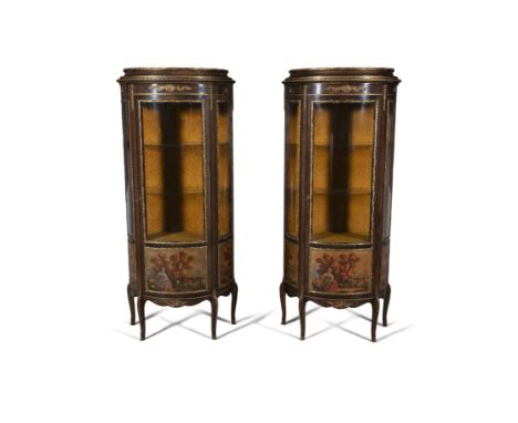 A PAIR OF FRENCH VERNIS MARTIN ORMOLU MOUNTED DISPLAY CABINETS, each of bowed upright form, with single glazed panel door, in