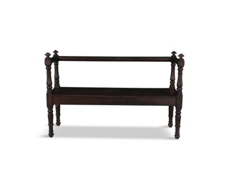 A LONG MAHOGANY HALL BENCH, with rail back, ring turned upright side supports and solid panel seat.138cm long, 89cm high, 44c