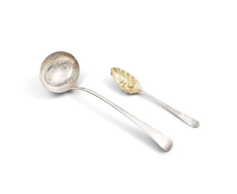 A GEORGE III SILVER SAUCE LADLE, London, c.1803, mark of Richard Crossley, 32cm long; together with a George III silver berry