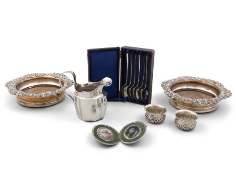 A MISCELLANEOUS COLLECTION, comprising of Irish Georgian Silver Cream Jug, A Birmingham Silver Salt Open Cellars, A Set of Gr