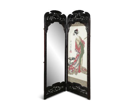 A LATE 19TH CENTURY JAPANESE CARVED CHERRYWOOD TWO-FOLD PANEL SCREEN one with mirror, one with fielded panel, carved with bir