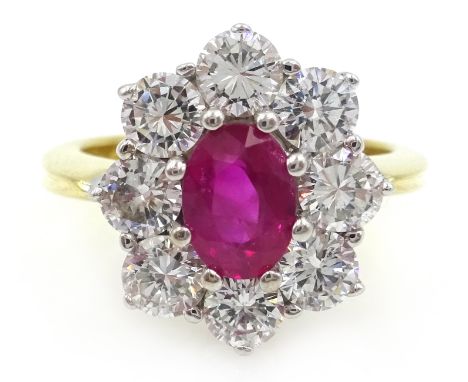 18ct gold ruby and diamond cluster ring, hallmarked, ruby 0.96 carat, diamonds 1.5 carat Condition Report Size M- N, approx 7