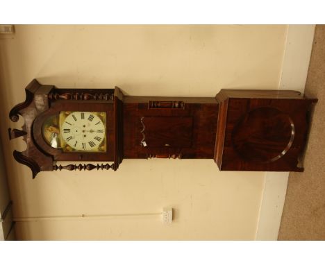 Victorian figured mahogany longcase clock, eight day movement with enamel dial painted with country scenes, signed 'J.C. Elli