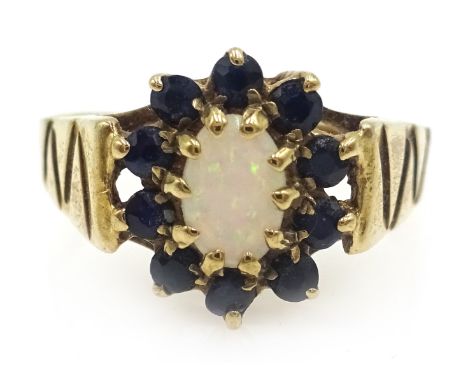 Opal and sapphire gold cluster ring, hallmarked 9ct Condition Report Approx 2.7gm, size PClick here for further images, condi