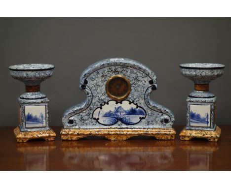 Early 20th century ceramic clock garniture, with enamel marbled effect finish, H23cm Condition Report Click here for further 