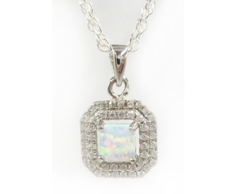 Silver opal and cubic zirconia pendant necklace stamped 925 Condition Report Click here for further images, condition, auctio