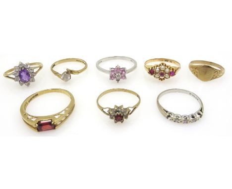 15ct ruby and seed pearl ring, 9ct signet ring, cluster dress rings, 9ct garnet ring etc (8) Condition Report some stones mis