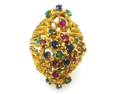 18ct gold sapphire, ruby and emerald open cluster ring stamped 18k approx 11.3gm Condition Report Click here for further imag