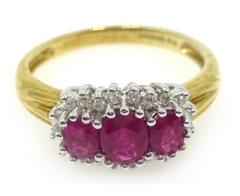 9ct gold three stone ruby and diamond cluster ring hallmarked Condition Report 3.2gmsize N-OClick here for further images, co