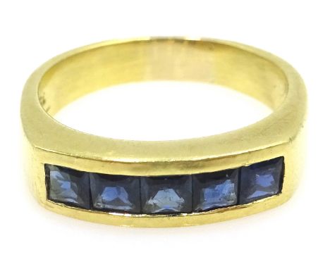 18ct gold sapphire five stone, channel set ring, stamped 750 Condition Report Size Q-R, approx 7gmClick here for further imag