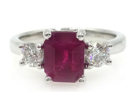 18ct white gold ruby and diamond three stone ring, hallmarked ruby approx 1.8 carat Condition Report size MClick here for fur