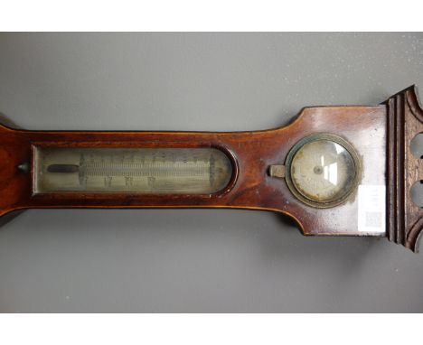 19th century mahogany five dial wheel barometer, swan neck pediment, H95cm