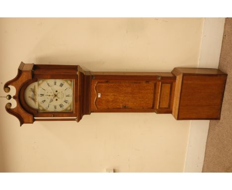 Early 19th century oak and mahogany banded longcase clock, swan neck pediment with finial, fluted quarter columns, enamel Rom