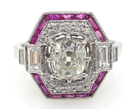 Art Deco style diamond and ruby white gold ring stamped 18k, old cut central diamond approx 0.8 carat  Condition Report Size 