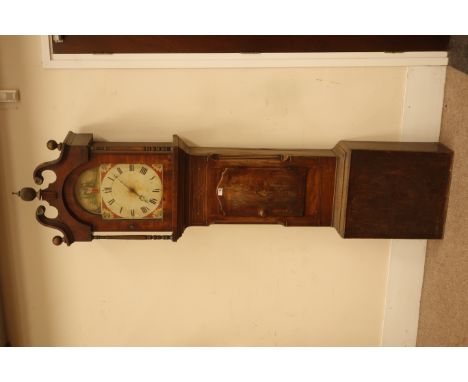 Early 19th century oak and mahogany longcase clock, dial painted with lady in garden scene, 30-hour movement striking on bell