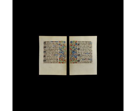 Circa 1430 AD. A parchment leaf from a Book of Hours from Rouen, Normandy, with block of blackletter text to each face; gold 
