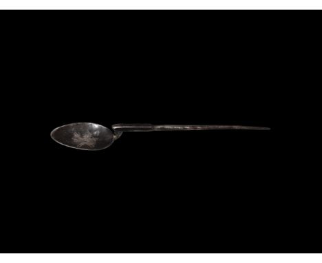 6th century AD. A silver spoon used for the Holy Eucharist, with a long stem, stamped inside with the Christian monogram, in 