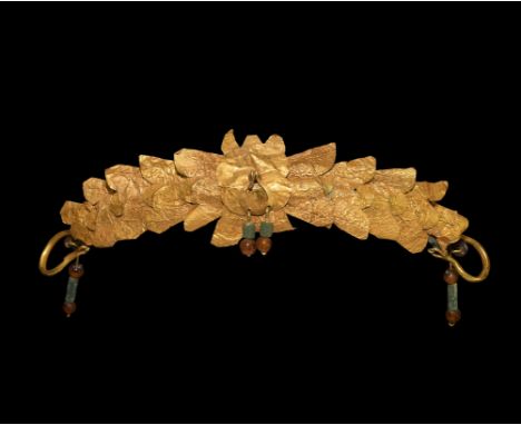 4th-2nd century BC. A gold diadem section composed of compact gold laurel leaves, arranged in horizontal rows, finely incised