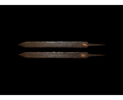 Early 3rd century AD. A double-edged longsword (spatha) of Lauriacum Hromówka typology; well preserved blade, with four blood