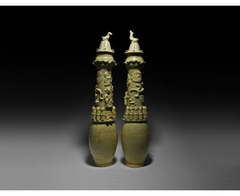 Song Dynasty, 960-1127 AD. A very nice matched pair of lidded glazed ceramic granary jars with applied ornamentation.  5.2 kg