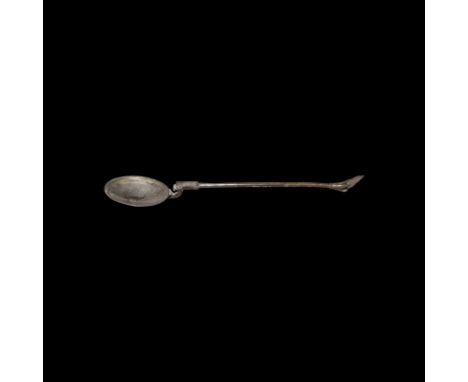 Later 2nd-3rd century AD. A silver spoon comprising a shallow discoid bowl with stepped rim, scrolled neck and rectangular pl