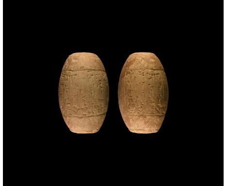 Third Dynasty of Ur, 22nd-21st century BC. A Mesopotamian cuneiform inscribed clay barrel cylinder, a scribal student’s trial