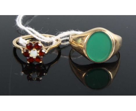 A gent's 9ct gold signet ring, set with a green hardstone, size S, together with a lady's 9ct gold opal and garnet flowerhead