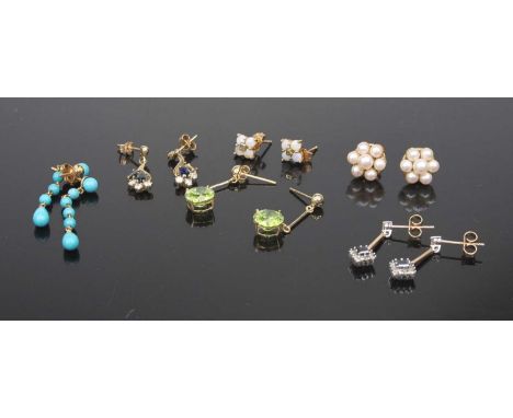 A collection of principally 9ct gold ear studs, comprising six pairs to include pearl flower head cluster, turquoise drop, op