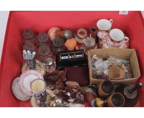 A collection of miscellaneous items to include glass decanter stoppers, Crown Derby coffee cans and saucers, treen eggcups, d