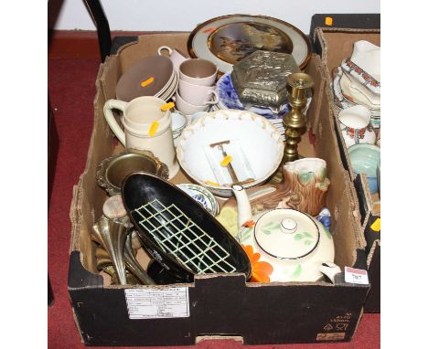 A box of ceramics and other items, to include an Arthur Wood pottery teapot hand-painted with stylised sunflower, brass table